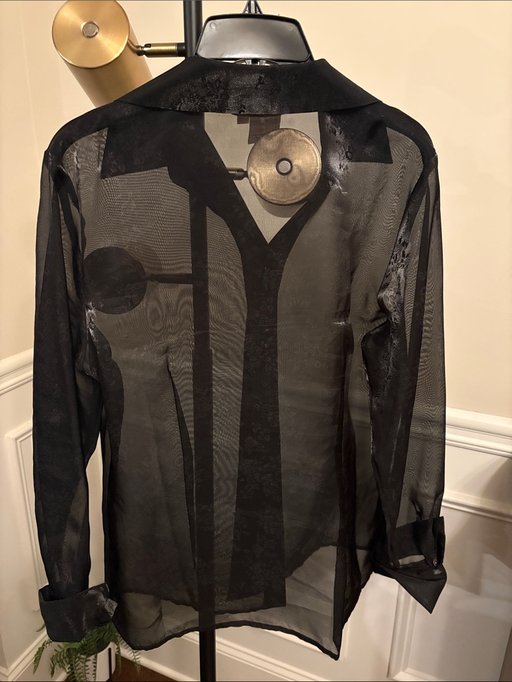 NWOT Fred David Black Sheer Floral Chiffon Collared Long Sleeve Button-Up Blouse